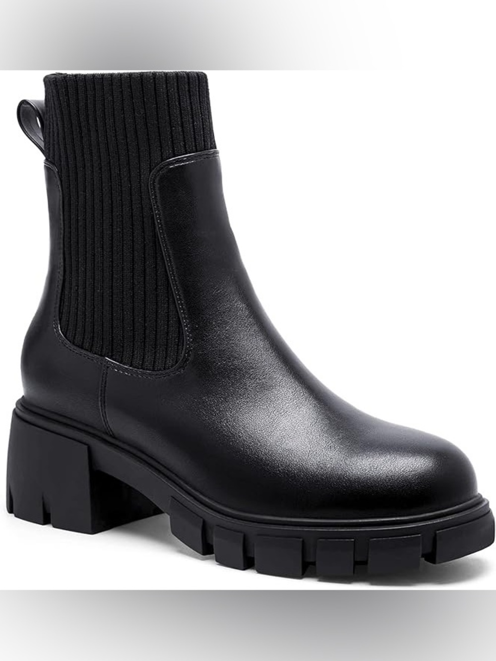 Black Chunky Chelsea Boot with Rib Knit Ankle